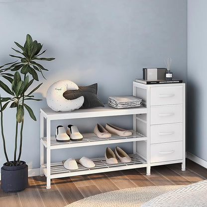 EXOTICA 3-Tier Shoe Storage Bench White Entryway Shoe Rack with 4 Drawers and Seating Shoe Shelf Storage Cabinet for Hallway Front Door Doorway Living Room Mudroom Steel Frame