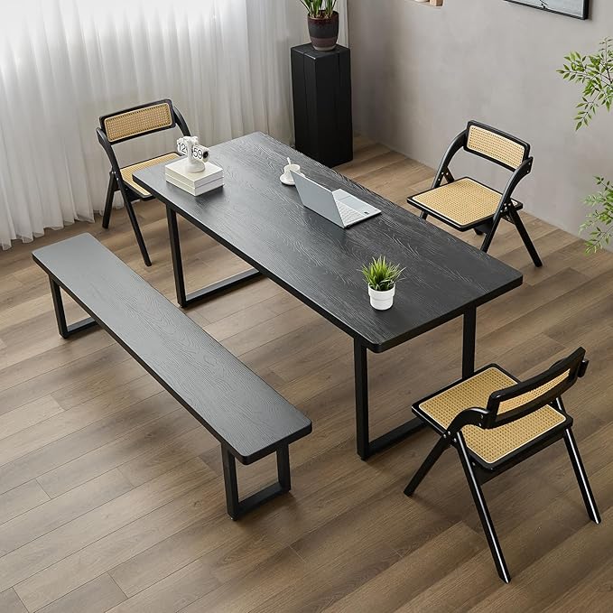 Modern Solid Wood Dining Table with Metal Base Stylish Durable Dining Room Table in Black Multiple Sizes Home Use Office Desk(62.99in)