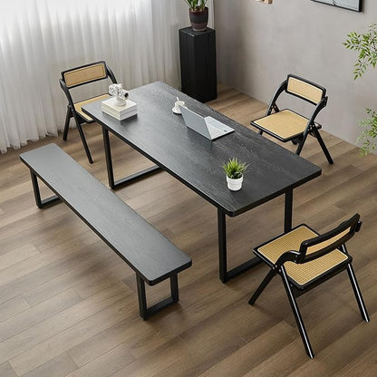 Modern Solid Wood Dining Table with Metal Base Stylish Durable Dining Room Table in Black Multiple Sizes Home Use Office Desk (Bench Black, 78.74in)