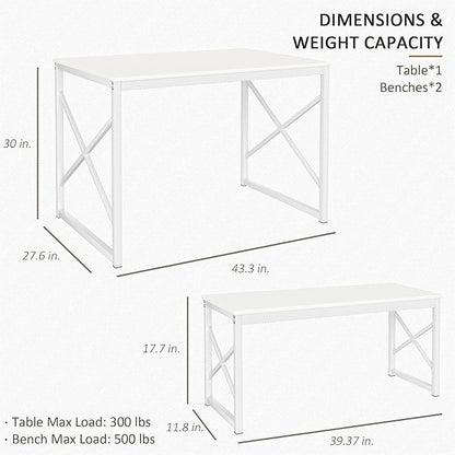 VECELO Dining Table with 2 Benches for 4, 43.3'' Wood Kitchen Room Dinette Sets with Metal Frame for Breakfast Nook and Small Space, White