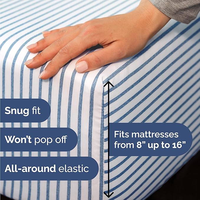 Twin Size 3 Piece Sheet Set - Comfy Breathable & Cooling Bed Sheets Set - Hotel Luxury Bedding for Women, Men, Kids, Teens, Boys & Girls - Deep Pockets, Soft, Wrinkle Free - Oeko-Tex - Blue Stripes 2