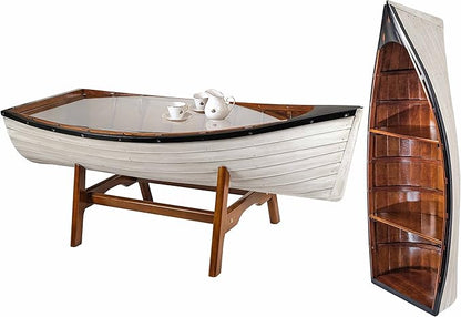 SAILINGSTORY Wooden Boat Coffee Table Boat Bookshelf Coastal Coffee Table Nautical Bookcase Lake House Decor Beach House Decor
