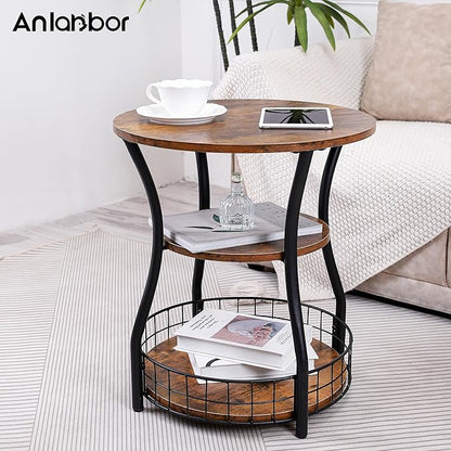 Round Side Table,3 Tier End Table with Storage Shelves for Living Room, Accent Sofa Couch Table for Small Spaces,Nightstand with Metal Frame for Bedroom, Rustic Brown - 19.7"