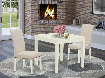 East West Furniture OXBR3-LWH-02 3 Piece Dining Room Furniture Set Contains a Square Dining Table and 2 Light Beige Linen Fabric Parsons Chairs, 36x36 Inch, Linen White