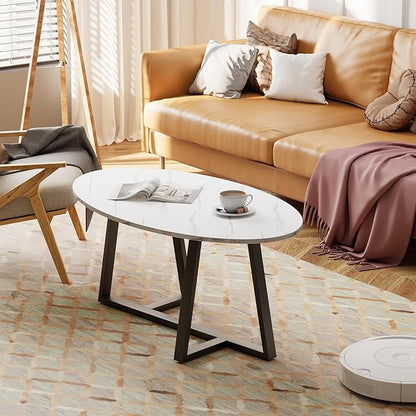 Coffee Table Small Oval Table,White Faux Marble Table for Living Room, Modern Center Tea Tables for Small Space,Wooden Tables End Tables with Sturdy Black Metal Leg
