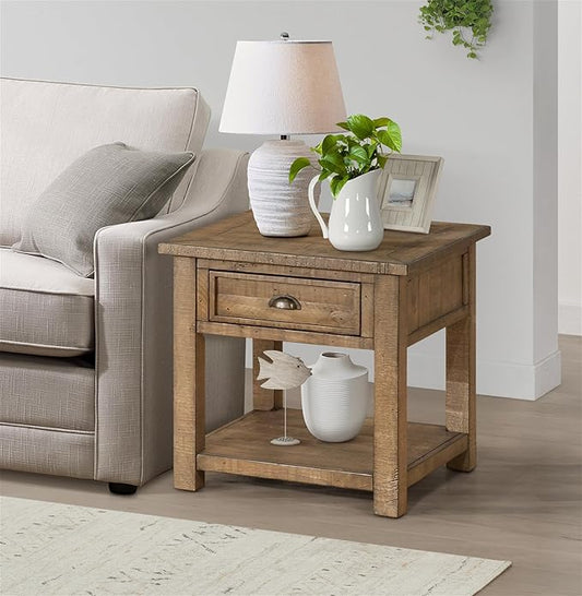 Martin Svensson Home Monterey End Table - Reclaimed Natural Wood Finish- Coastal Style - with Shelf and Cabinet for Storage