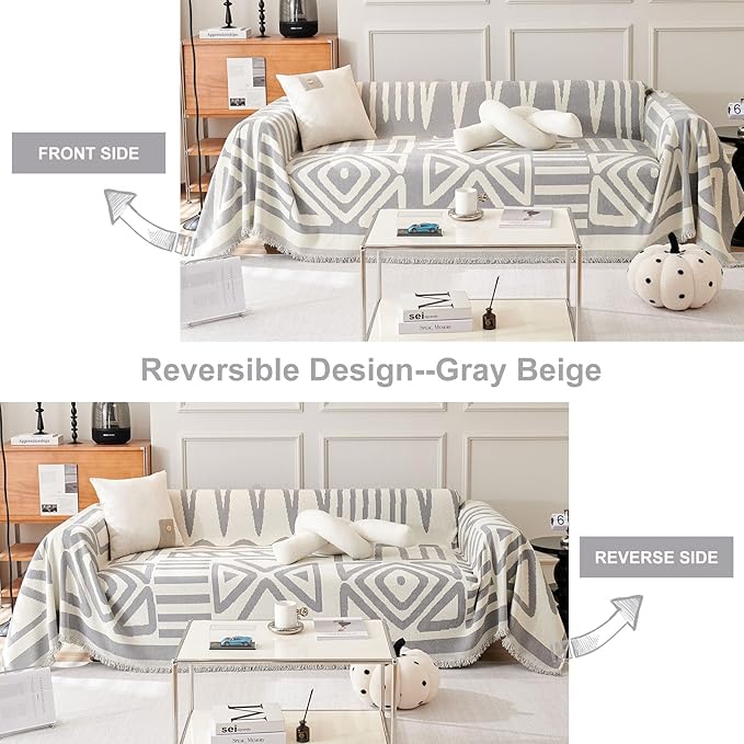 STACYPIK Dark Gray Couch Cover, Boho Chenille Sofa Covers Pet-Friendly, Reversible Non Slip Furniture Protector for 3 Cushion Couch, Modern Triangle Couch Cover for Loveseat,Multi-Use Blanket-71X134IN