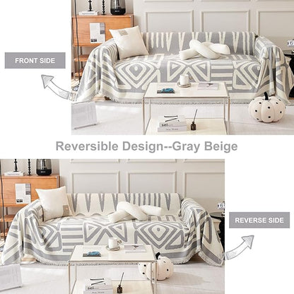 STACYPIK Boho Couch Cover, Chenille Gray Triangle Sofa Cover for 3 Cushion Couch,Non Slip Couch Protector for Dogs Pet-Friendly, Reversible Sectional Cover for L-Shaped, Tassels Throw Blanket-71X150IN