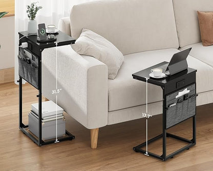 Vagusicc C-Shaped End Table Set of 2 with Charging Station, Small Side Table for Couch, Adjustable Height Couch Side Table, Slide Under Sofa Table TV Tray Tables for Living Room,Bedroom,Bedside, Black