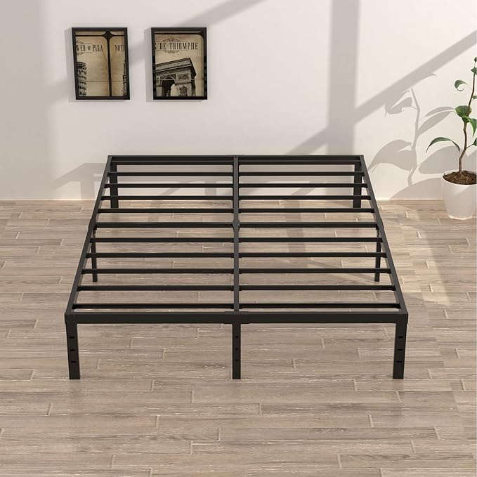 King Bed Frame No Box Spring Needed, 14 Inch Heavy Duty King Platform Bed Frame, 1200lbs Steel Slats Support, Easy Assembly, Black