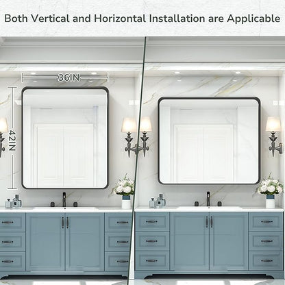 TokeShimi 42x36 Black Bathroom Mirror for Wall Vanity Mirror with Brushed Metal Frame Non-Rusting Aluminum Alloy for Modern Farmhouse Bedroom Living Room Decor (Horizontal/Vertical)