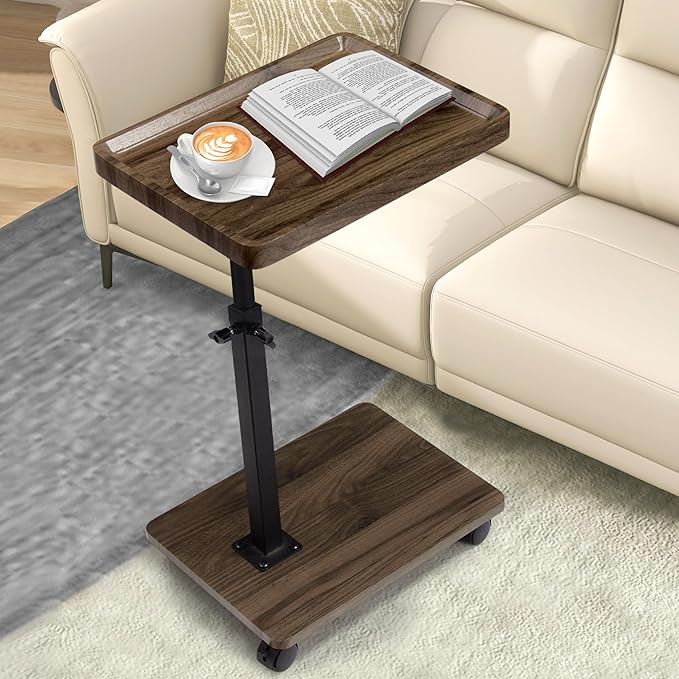 Aoligrace C Table End Table Adjustable Height, 360° Swivel Side Table with Wheels, Small TV Tray Table for Living Room Bedroom, Couch Tables That Slide Under for Sofa Bed Chair