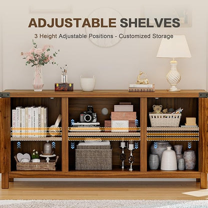 YESHOMY Farmhouse Buffet & Sideboard, 58" Kitchen Storage Cabinet with Adjustable Shelves & Doors, Wood Coffee Bar for Living Room, Entryway, Brown