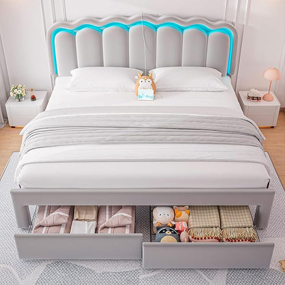 King Upholstered LED Bed Frame with 2 Storage Drawers and Adjustable Chic Double Wavy Headboard, Velvet Princes Platform Bed with Charing Station, Solid Wood Slats Support, No Box Spring Needed, Grey
