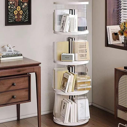 4 Tier Rotating Bookshelf Tower,360 Display Rotating Bookshelf,53.4 inch High Small Space Revolving Bookcase, Home Office Spinning Bookshelf Tower(Round, White)
