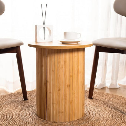 Handcrafted Round Fluted Pedestal End Table with Natural Wood Grain & Bamboo Base – Round Side Table, Coffee Table, Drink Table, Bedside Table for Bedroom, Living Room - 15.7” x 17.8” x 12”