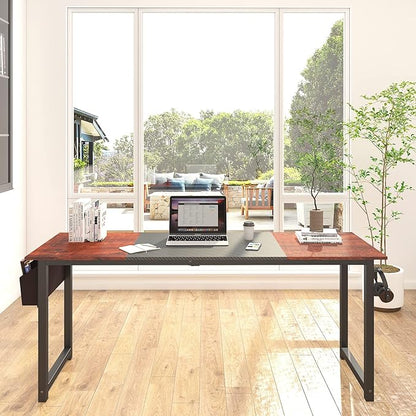 Decoholic 71Inch Home Office Computer Two-Color Panel Desk with Storage Bag and Hook, Black, Sandalwood Color, Industrial Modern Laptop Desk