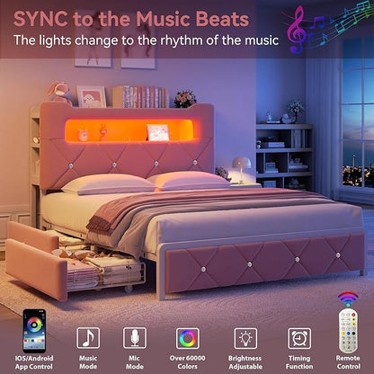 Full Upholstered LED Bed Frame with 2 Storage Drawers and 2-Tier Storage Headboard, Velvet Princess Platform Bed with Charging Station & Bookcase, Corner Bed Frame, Heavy Duty Metal Support, Pink