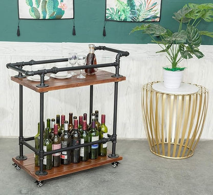 Industrial Pipe Bar Carts/Serving Carts/Kitchen Carts/Wine Rack Carts on Wheels with Shelves - Wood Rolling Carts - Wine Tea Liquor Shelves/Holder - Home Furniture