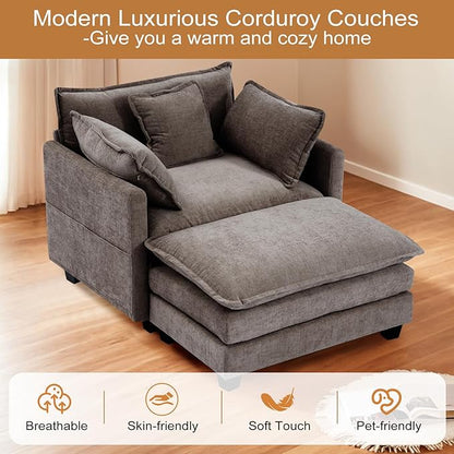 Furniliving Oversized Accent Chair with Ottoman, Luxury Chenille Single Sofa, Upholstered Deep Seat Chaise Lounge with Pillows for Living Room, Bedroom, Apartment, Grey