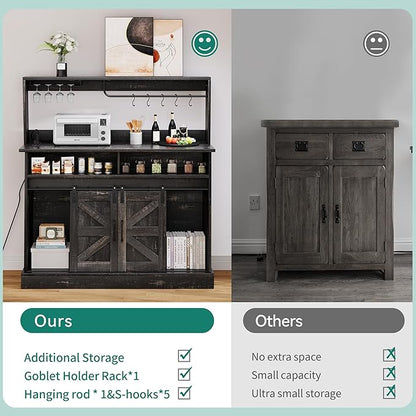 YITAHOME Buffet Cabinets with Upper Rack, Farmhouse Coffee Bar Cabinet with Power Outlet & Goblet Holder, 47 Inch Sideboard Cabinets with Sliding Barn Door for Kitchen, Living Room (Dark Rustic Oak)