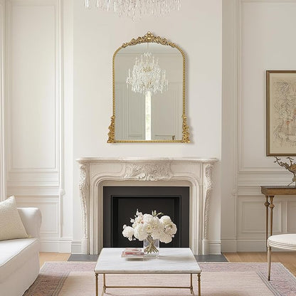 Vintage Arched Mirror, 24"x 36"Antique Baroque Mirror Style Metal Beaded Frame for Entryway Hallway Living Room,Vintage Gold