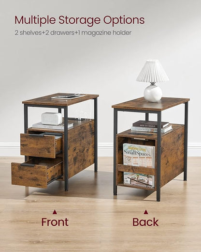 VASAGLE Side Table with Charging Station, Narrow End Table with 2 Drawers, Slim Nightstand and Bedside Table with Storage, for Small Spaces, Rustic Brown + Black