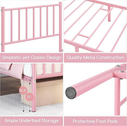 Yaheetech Twin Size Bed Frame Metal Platform Bed Frame Mattress Foundation with Spindle Headboard & Footboard/No Box Spring Needed/14 Inch Underbed Storage/Firm Support & Easy Set up Structure, Pink