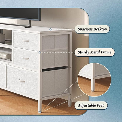 Huuger Dresser for Bedroom With Power Outlets and LED Lights, 7 Drawers TV Stand for 55 Inch TV, 47 Inches TV Console With Open Shelf, Wide White PU Leather