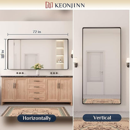 Keonjinn Black Bathroom Mirror for Over Sink, 72” x 36” Large Rounded Rectangle Bathroom Vanity Mirror, Matte Black Farmhouse Wall Mirror, HD Tempered Glass, Seamless Metal Frame(Horizontal/Vertical)