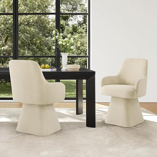 Swivel Dining Chairs Set of 2, Mid Century Modern Chairs Fabric Upholstered Armchair with Armrest & Ergonomic Backrest for Dining Room, Kitchen, Bedroom, Living Room, Sand, 2 Boxs