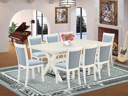 East West Furniture X027MZ015-9 9 Piece Dining Table Set Includes a Rectangle Dining Room Table with X-Legs and 8 Baby Blue Linen Fabric Upholstered Chairs, 40x72 Inch, Multi-Color