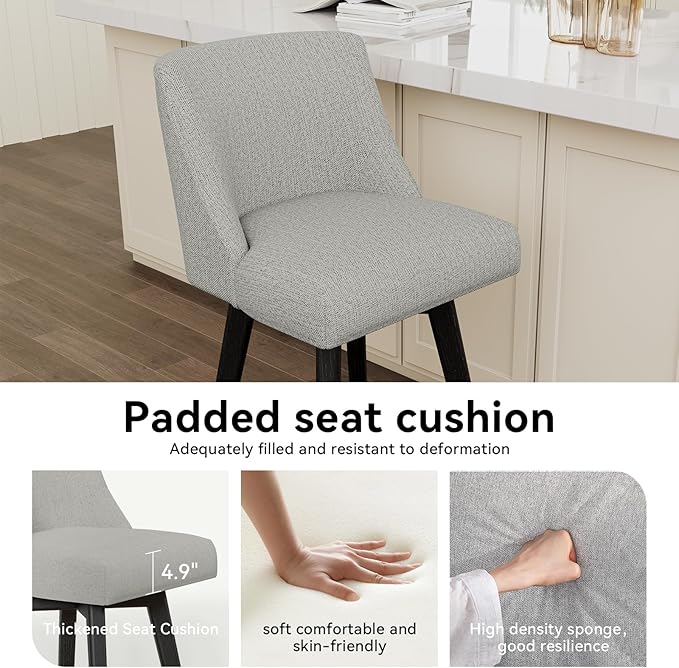 Vipbear Swivel Counter Height Bar Stools Set of 4,26.8" H Counter Stools with Back, Mid Century Modern Bar Stools for Kitchen Island,Linen Fabric,Wooden Base, Light Gray