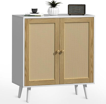 Rattan Storage Cabinet, Small Sideboard Buffets Storage Cabinet with Doors for Kitchen & Entryway Storage, White