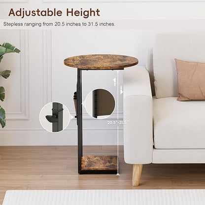 Vagusicc C Shaped End Table, Adjustable Height Small Side Table for Couch and Recliner, 32" Tall Couch Side Table Slide Under Sofa Tray Desk with Storage Bag for Living Room and Bedroom, Brown