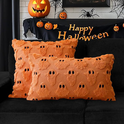 4TH Emotion Halloween Ghost Decorative Pillow Covers 18x18 Set of 2, Orange Soft Plush Faux Fur Farmhouse Throw Cushion Cases for Fall Autumn Holiday Home Decorations