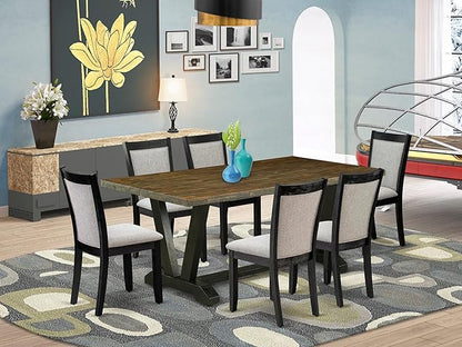 East West Furniture V677MZ606-7 7 Piece Modern Dining Table Set Consist of a Rectangle Wooden Table with V-Legs and 6 Shitake Linen Fabric Upholstered Chairs, 40x72 Inch, Multi-Color