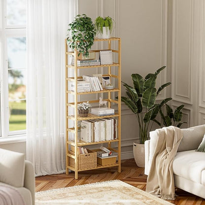 HITNET Bamboo Shelf, 6-Tier Adjustable Tall Open Bookcase, Bathroom Storage Rack Freestanding Shelving Unit, Plant Display Stand for Small Space, Natural