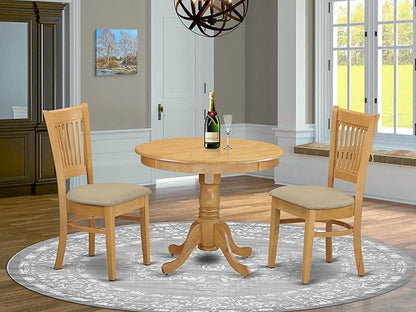 East West Furniture ANVA3-OAK-C 3 Piece Kitchen Table Set for Small Spaces Contains a Round Dining Room Table with Pedestal and 2 Linen Fabric Upholstered Chairs, 36x36 Inch, Oak