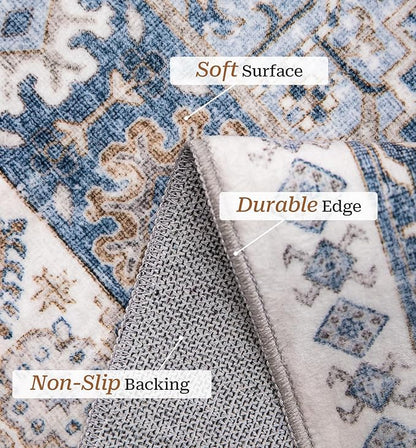 zesthome 4x6 Rug - Stain Resistant Washable Rug, Anti Slip Backing Rugs for Living Room, Foldable Vintage Small Area Rugs (Blue/Beige,4'x6')