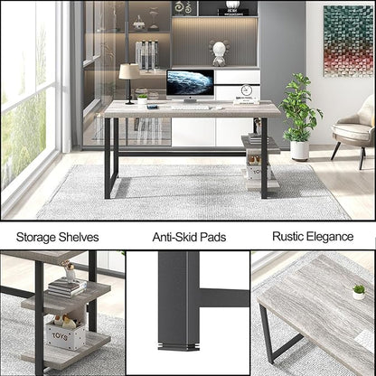FOLUBAN Computer Desk, Modern Home Office Desk with Shelves, Wood Writing Study Gaming Table for Living Room Bedroom, Light Grey, 53 inch