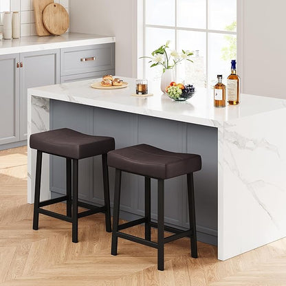 GarveeHome Counter Height Bar Stools Set of 2, 24 Inch Brown Barstools for Kitchen Island Counter, Upholstered Padded Saddle Chairs with Curved Cushion, Easy Assembly