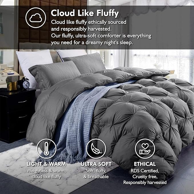 Luxurious All-Season Goose Down Feather Fiber Comforter Oversize Queen Duvet Insert (98x98), Exquisite Pinch Pleat Design- Gray, Premium Baffle Box, 100% Egyptian Cotton Cover, 70 oz. Fill Weight