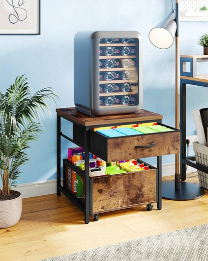 End Table, 19.7 Inch Square Side Table, Mini Fridge Stand with Storage, Nightstand with Mobile Basket Cart, for Living Room, Bedroom, Rustic Brown and Black TBZ55BF