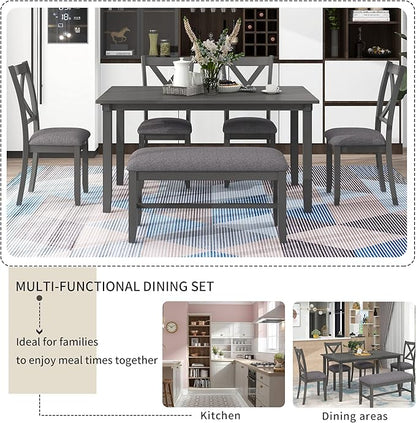 SogesPower 6-Piece Kitchen Dining Table Set for 4-6,Rectangular Dining Table with 4 Fabric Chairs & 1 Bench for Dining Room Living Room,Gray