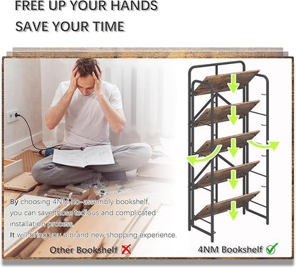 4NM No Assembly Folding Bookshelf 5 Tiers Vintage Industrial Black Book Shelf Metal Foldable Storage Bookcase and Bookshelves for Living Room,Bedroom and Kitchen - Rustic Brown