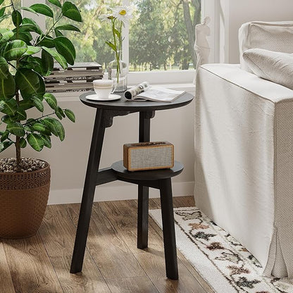 ChooChoo Round End Table for Small Spaces, Narrow Side Table, Accent Table Night Stand with 2 Tier Shelf for Bedroom and Living Room, Black