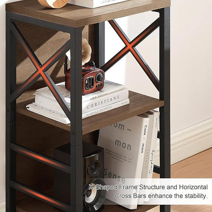 Small Bookshelf,3 Tier Industrial Bookcase with Metal Frame and Backboard,Low Rustic Brown Book Shelf,Book case for Small Spaces,Living Room,Bedroom and Home Office