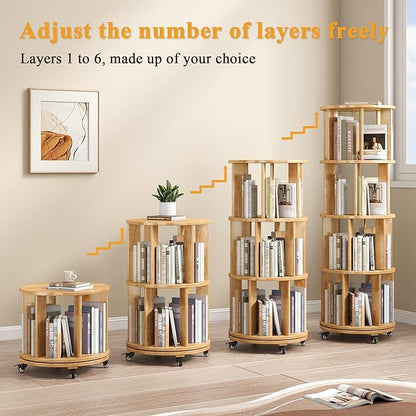 4 Tier Rotating Bookshelf Tower, 360 Spinning Bookcase Carousel with Lockable Wheels, Round Lazy Susan Organizer for Corner Bookshelf, Solid Wood Revolving Bookcase for Kids Room, Bedroom, Living Room