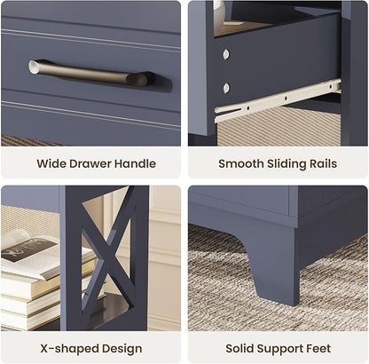 Tall Nightstand Set of 2 Side Table with 2 Drawers Modern Night Stand Wooden Rustic End Table Bedside Table with Upper Open Shelf Solid Feet for Bedroom, Living Room, Navy Blue+Walnut
